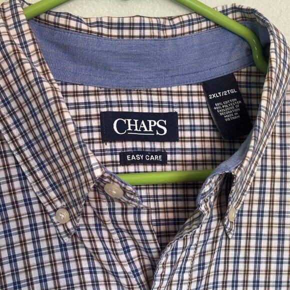 Chaps Mens Easy Care Button-Up Shirt 2XL Tall Plaid Cotton Blend Brown & Blue - Picture 3 of 13